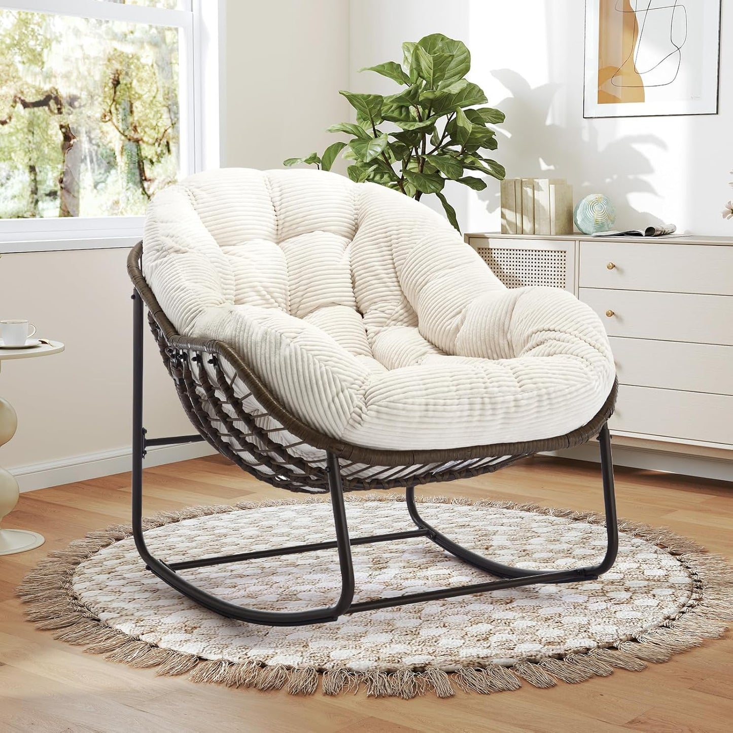 Complete Boho Relaxation Pod Set: Includes Stand, PE Wicker Egg Chair & Thick Pad for Lounging Outdoors